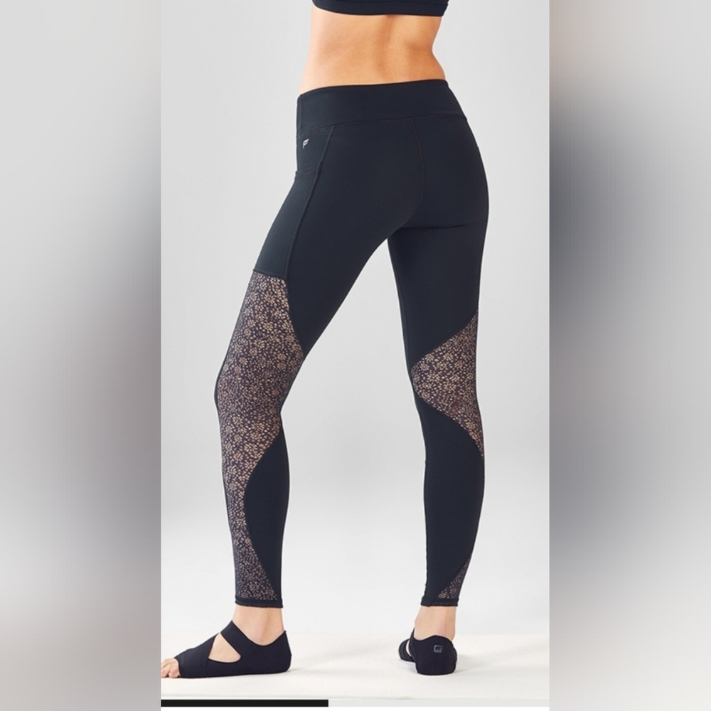Fabletics Black Powerhold Leggings With Floral Mesh Panels. Sz S
